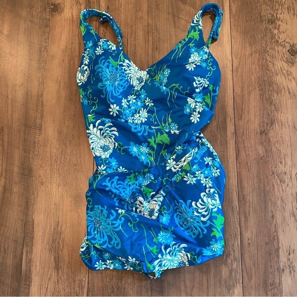 Vintage Perfect Fit by Roxanne Mid Century 1960s One Piece Aqua Floral Swimsuit